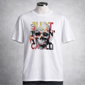 Just Cavalli Mens White Skull Tee Shirt "JUST F**K'N' ROLL CAVALLI" Crew Neck L